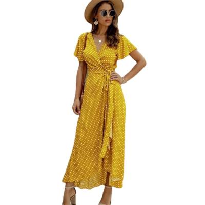 China Viable Summer Maxi Dress Women Polka Dot Sexy V-Neckline Ruffles Short Sleeve Vacation Long Beach Sundress Ladies Lace Up Wrap Dress Dresses for sale