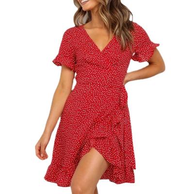 China Viable Red Sexy Summer Mini Dress Women Boho Ruffle Edge Flare Sleeve V Neck Floral Print Self Tie Wrap Dress Mini Dresses for sale