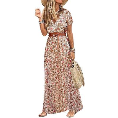 China Viable Women's Long V-Neck Boho Dress Summer Belted Sundress Bohemian 2021 Vacation Beach Ladies Maxi Dress Casual Sexy Party Dress for sale