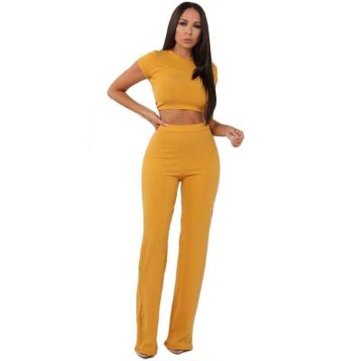 China Sustainable Women Knitted Long Sleeve O-Neck Crop Top Wide Leg Pants 2 Piece Set For Feminine Women Tops Pants Two Piece Sets Womens Suits for sale