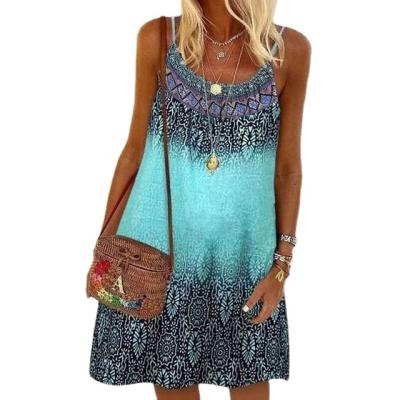 China Viable Summer Dress Women Bohemian Vintage Printed Lady Casual Loose Sleeveless Mini Vestidos Beach Dress 2021 Spaghetti Strap Sundress for sale