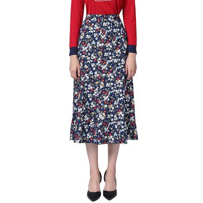 China Womens Breathable Midi Skirts Blue Floral Print Pockets Cotton Line One-Line Skirt for sale