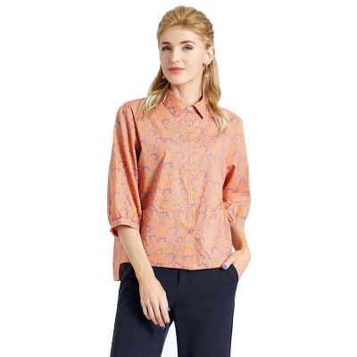 China Women's Spring Work Shirt 3/4 Sleeve Collared Shirt Blouses Tops Orange Classic Fashionable Cotton Anti-Shrink for sale