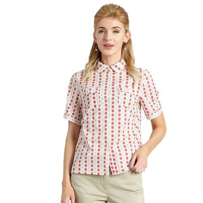 China Women's Summer Anti-Shrink Work Shirt Short Sleeve Dotted Print Tops Collared Blouse Button Down Shirt Cotton for sale