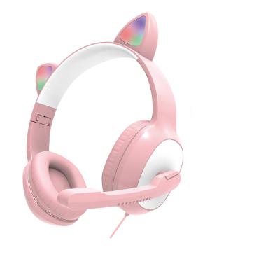 China Earphone New Product Pink Cat Ear Cute Girl Gaming Headset With Foldable MIC P.J. Noise Reduction RGB Snap Light Cable Earphone for sale