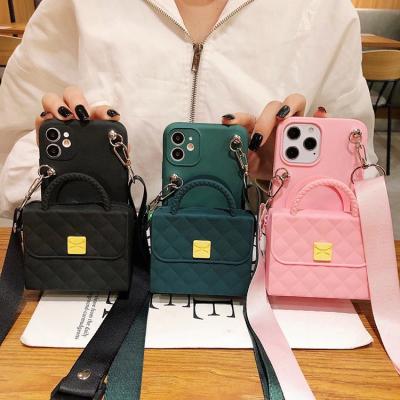 China Anti-fall Phone Case Accessories 2021 Pink Strap Strap Rubber Cross - Body Handbag Shaped Mobile Cell Phone Case Bag With Wallet For Lady for sale