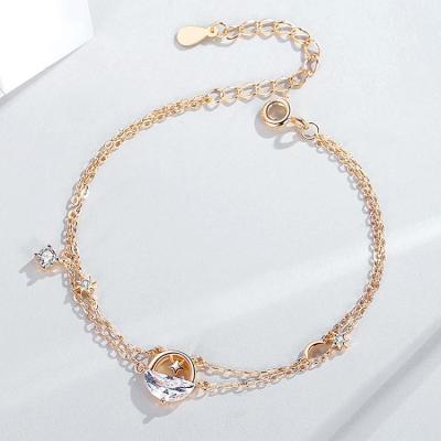 China FASHIONABLE High Quality 925 Diamond Bracelet Women Silver Rose Gold Plated Crescent Moon And Star Double Chain Bracelet With Cubic Zirconia for sale