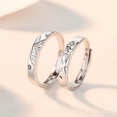 China High Quality Romantic Couples Matching Jewelry 925 Sterling Silver Adjustable Mountain Wave Couples Promise Ring 2pcs For Lovers for sale