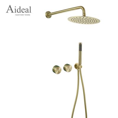 China Without Slide Bar New Design Concealed Double Handle Brass Rainfall Brushed Gold Shower Mixer Faucet for sale