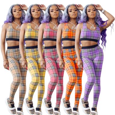 China Amazon 2 pieces hot sale summer plaid ladies bodycon outfits main tank anti-pilling set women clothing for sale