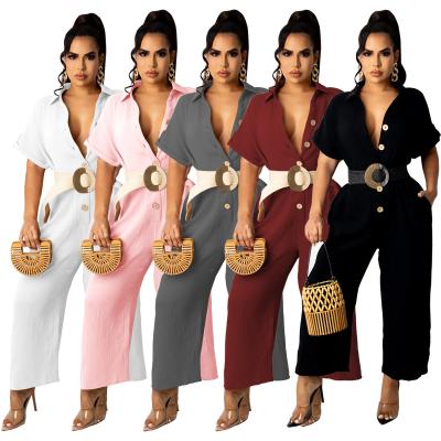 China Women Workout Overalls Ladies Casual V-Neck QUICK DRY Breathable Loose Waist Overalls Solid Color Romper for sale