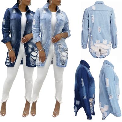 China Anti-wrinkle spring cut plus size women lattice along denim jacket blue fat lady ripped jackets with tasset for sale