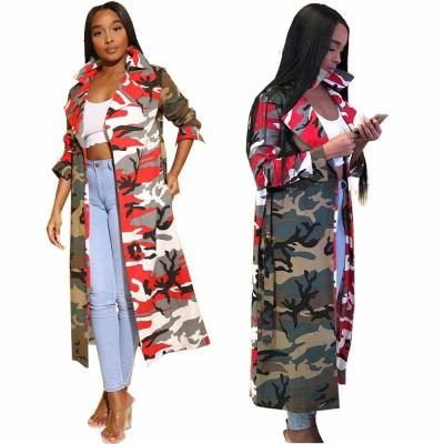 China High Quality Anti-Shrink Collar Camouflage Tailored Print Long Down Coat Woman Clothing With Pockets Belt Women Coats for sale