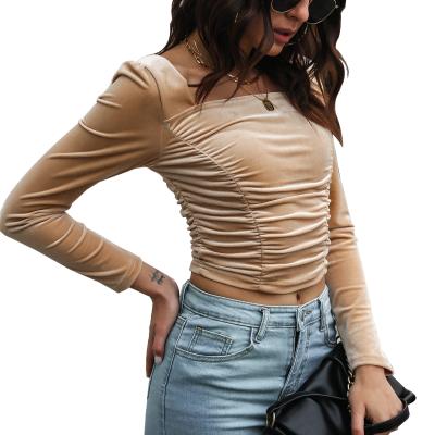 China Explosion Square Collar Breathable Velvet Long Sleeve Shirt Fashion Long Sleeve Women Short Tops for sale