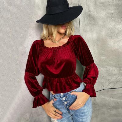 China New Breathable Velvet Long Sleeve Shirt Collarless Bell Sleeve Full Off Shoulder Shirt for sale