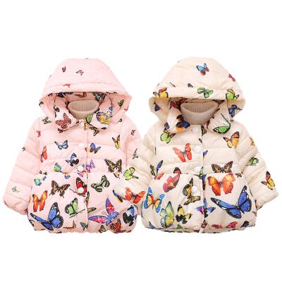 China Cute Pink Baby Kids Winter Clothing Boutique Butterfly Printing Cotton Warm Thick Hooded Coat Little Ones for sale