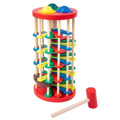 China 0-36M Wooden Hammer Knock Game Early Educational Colorful Stacking Tower Marble Beads Run Toys for sale