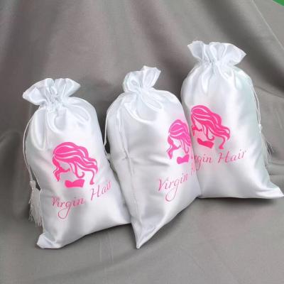 China Barcode Logo Design Beautiful Custom Satin Hair Extension Packaging Bags Label Tags Silky Satin Bags for sale