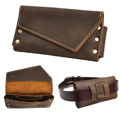 China Vintage Genuine Leather Vintage Dual Layer Flip Phone Holster Wallet Case Belt Clip Waist Bag Outdoor Travel Phone Bag Purse Men for sale