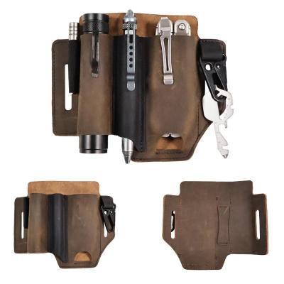 China Vintage Men Multifunction Genuine Leather Sheath Organizer Waist Packs Outdoor Tool Holster EDC Flashlight Folding Knife Pocket Holder for sale