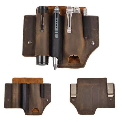 China Vintage Genuine Leather Multitool Sheath for Belt EDC Pocket Organizer Flashlight Pocket Knife Holster Pen Holder Men Waist Packs for sale