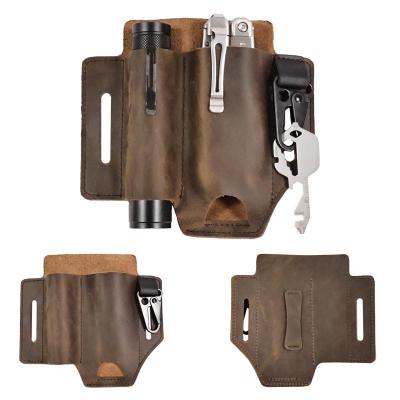 China Vintage Best Multitool Work Bag Vintage Genuine Leather Sheath Waist Belt Packs Outdoor Tool Bag Folding Knife Flashlight Key Holder for sale