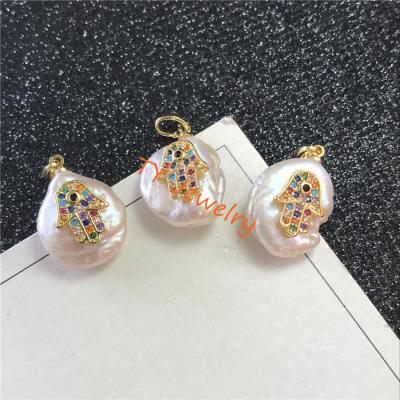 China CLASSIC New Arrival Colorful Micro Cobbled Hamsa Hand Charms Freshwater Pearl Pendant For DIY Jewelry for sale