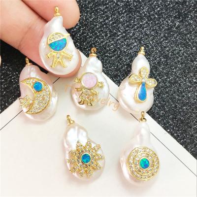 China FASHIONABLE Hot Sale Micro Pave Sun Stars And Moon Irregular Shape Freshwater Pearl Pendant For DIY Jewelry for sale