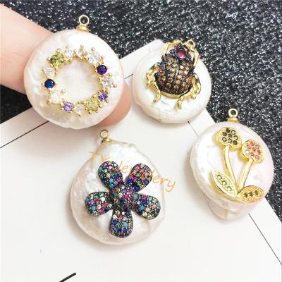 China Hot Selling Fashion Micro Pave Flower Shape And Irregular Frog Shape Freshwater Pearl Pendant For DIY Jewelry for sale