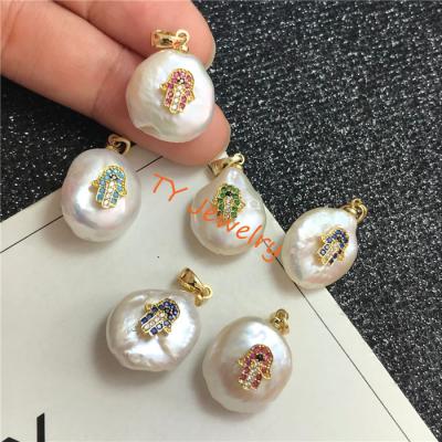 China Cute New Arrival Colorful Micro Paved Pearl Hamsa Hand Natural Freshwater Pendant For DIY Jewelry for sale