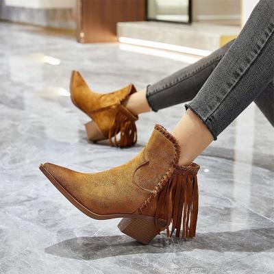 China TPR winter lightweight anti-slip fashion pointed toe women winter cowboy sexy tassel ankle boots for sale