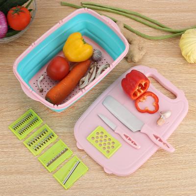 China 2019 Disposable New Design Kitchen Tools Multifunctional Cutting Board With Folding Drain Basket for sale