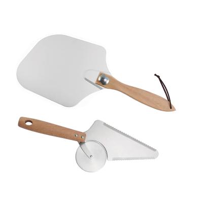 China Durable aluminum pizza peel shovel set with bent wooden handle shovel pizza tool kit pizza cutter wheel for sale