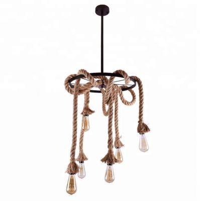 China Wholesale Large Chandelier Vintage Hemp Rope 6 Heads Decorative Round Hanging Lamp Hanging Pendant Lights for sale