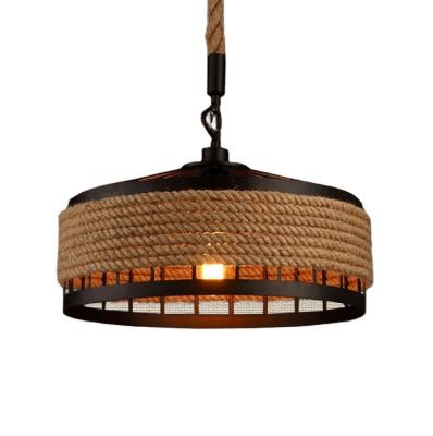 China New Traditional Round Black Restaurant Hanging Large Hemp Rope Chandelier Industrial Lighting Pendant Lights for sale