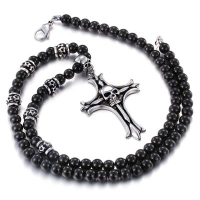 China Wholesale Punk Jewelry Trendy Beaded Cross Skull Onyx Necklace Stainless Steel Pendant Black Jewelry for sale