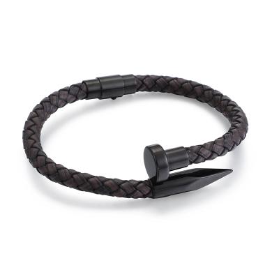 China 2021 Fashion Jewelry Simple Leather Brown Bracelet Black Plated Clasp Men Trendy Bracelets for sale