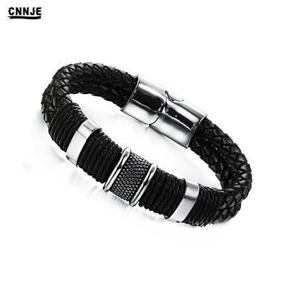 China High Quality Magnetic Clasp Mens Stainless Steel Leather Charms Braided Bracelet Leather Jewelry for sale