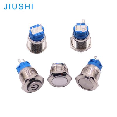 China A19 copper plating factory direct sale momentary burtton moungting hole 19mm latching LED 5 pins push button switch waterpoof IP65 for sale