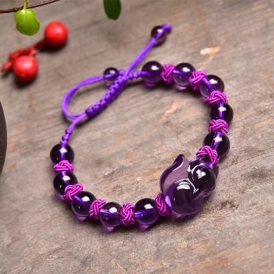 China Cute natural amethyst fox bracelet, hand-woven, can bring wealth and health, promote the development of love, healing crystal for sale