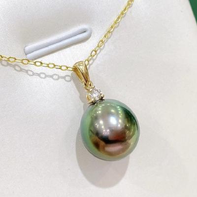 China TRENDY Sea Tahitian Primary Color Peacock Green 18K Natural Gold Inlaid Black Pearl Pendant (Send Silver Necklace Gift Box!) for sale