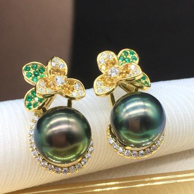 China 925 FASHIONABLE Natural Saltwater Malachite Tahitian Pearl Silver Inlay Inlaid Green Earrings, Sensitive Skin, Trendy Gift for Girls for sale