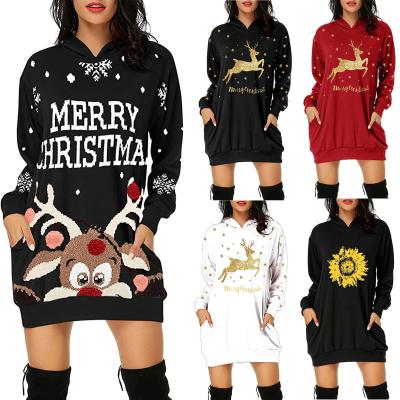 China Print Anti-Static Mid Length Pocket Gift Christmas Long Sleeve Dresses Pullover Hooded Sweater Women Dress for sale