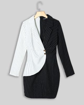 China Hot Sale Spring Office Lady Contrast Color Sriped Blazer Anti-static Office Look Vestido Button Career Dresses for sale