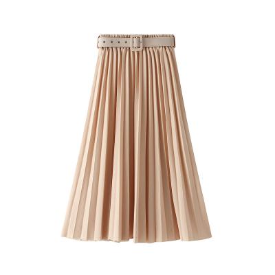 China Breathable Women High Waist Skirt Casual Vintage Solid Belted Pleated Midi Skirts for sale