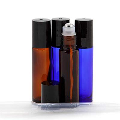 China Personal Care 10ml Amber Blue Clear Glass Roll On Perfume Essential Oil Bottle With Rollball Cap for sale