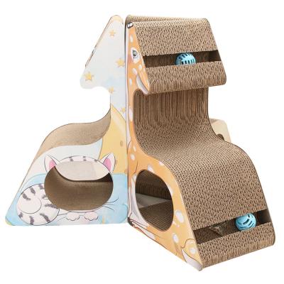 China Factory Wholesale Triangle Stocked Vertical Cavity Cat Scratch Board Pad with Toy Cardboard Cat Scratcher House for sale