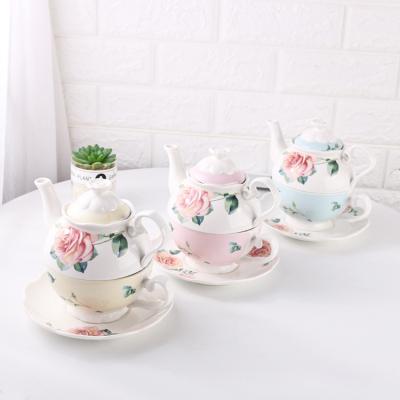 China Sustainable Teapot And Cup In One Custom Design Ceramic Rose Pattern Porcelain Teapot Cup Set for sale