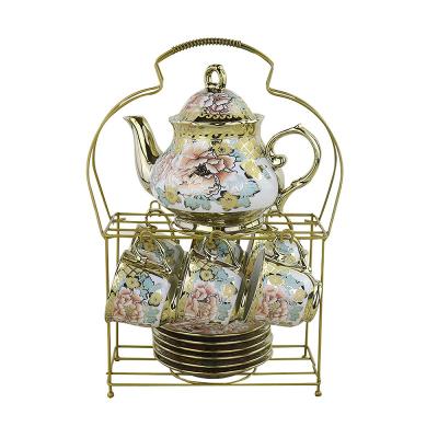 China Coffee and Tea Sets Viable Antique Ceramic Infuser Teapot Cups and Saucers 1+6+6 Vintage Nordic English Tea Sets with Shelf for sale