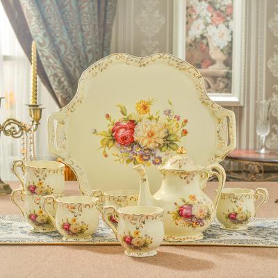 China Viable European Cup Saucer Coffee Cup Set Rose Pattern Ceramic Coffee Sets Vintage Gold Trim for sale